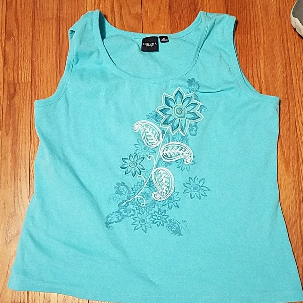 Aqua/Teal Tank with flower embroidery